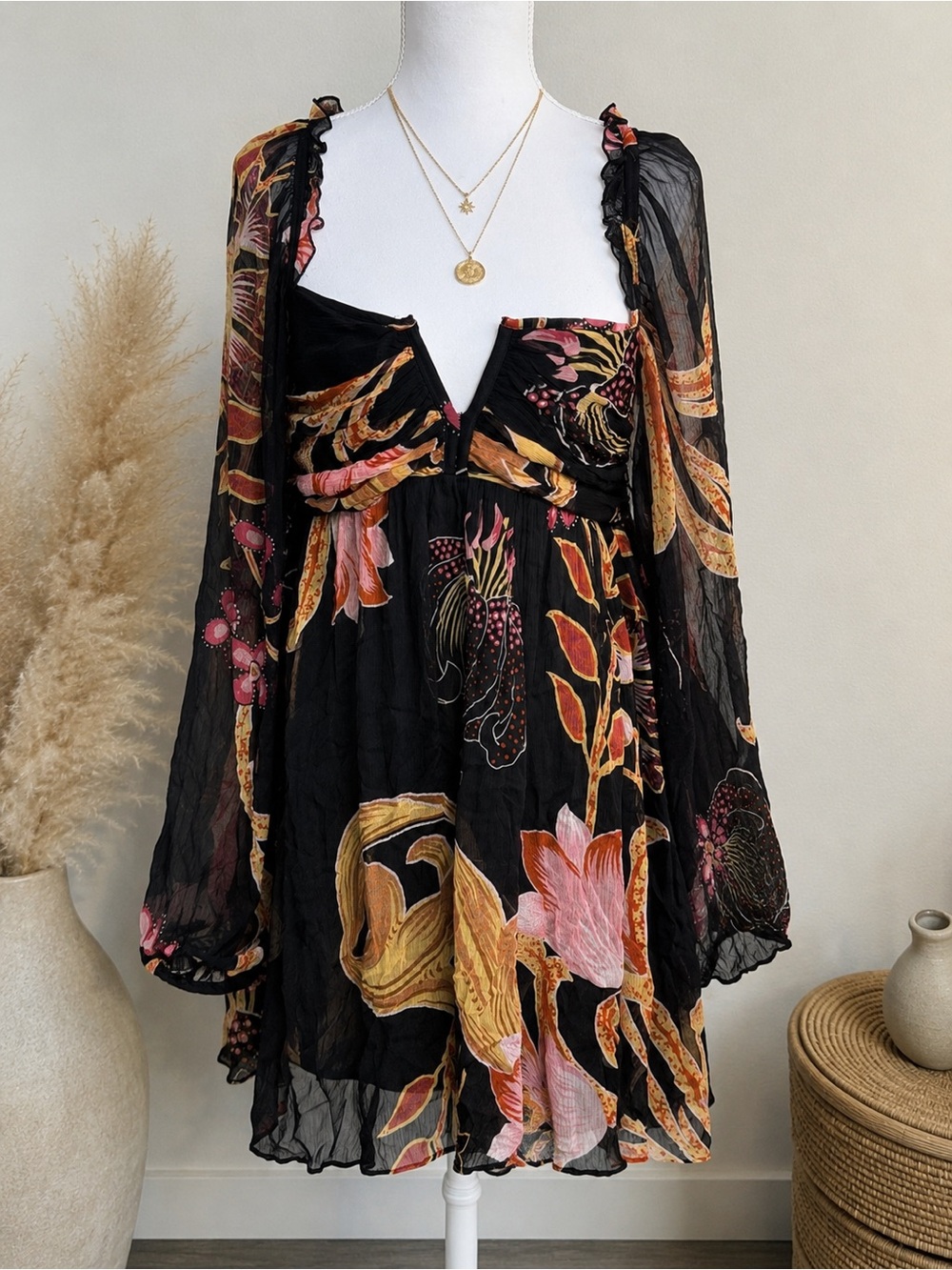 Let Me Be Boho Floral Mini Dress | Open Back | Sheer Sleeves | Size M